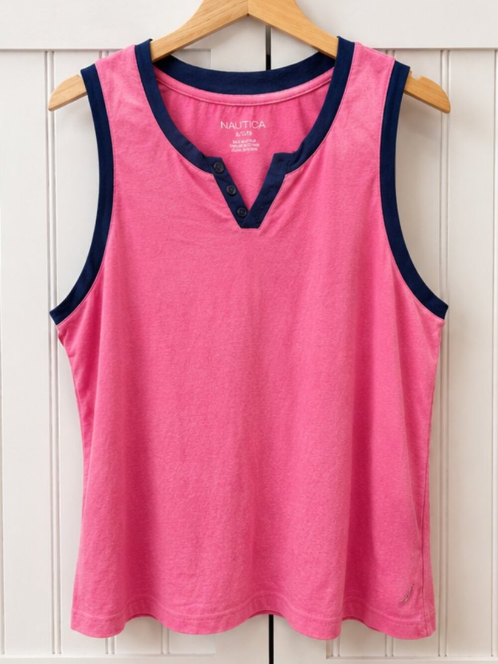 Nautica Pink Sleeveless Henley Tank Top Navy Trim XL Casual